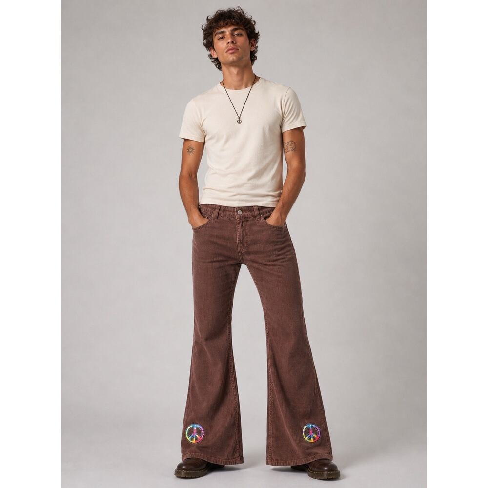 Run & Fly Men's Corduroy Bell Bottom Brown Flare Pants Size 38s Retro 70s